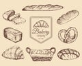 Bakery goods and sweets sketches set.Vector hand drawn bread illustrations for cafe,restaurant menu,food store logo etc. Royalty Free Stock Photo