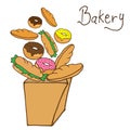 Bakery Wall Decor: Hand-Drawn Lettering, Paper Bag, Bread, Croissant, Donuts, Sandwich Illustration Royalty Free Stock Photo