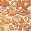 Bakery Hand Drawn Seamless Pattern. Fresh Bread and Buns Background