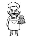 Bakery. Hand drawn vector illustration of chef-cooker with a mustache and cake. chef cake logo. Confectionery logo