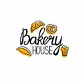 Bakery house. Bread homemade emblem. Hand drawn doodle label for bakery food packaging, local product simple stamp, lettering with