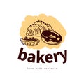 Bakery house logo design with hand drawn croissant, pie and donut illustration.