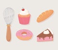 Bakery icons cupcake bread cake donut and rolling pin