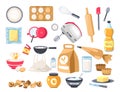 Bakery ingredients. Cartoon flour, sugar and eggs with utensils for baking desserts, flat food packaging design. Vector