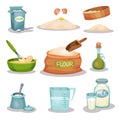 Bakery ingridients set, kitchen utensils and products for baking and cooking vector Illustrations on a white background