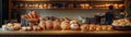 bakery item display, A captivating bakery item display featuring an array of artisan breads and pastries. The setting is a Royalty Free Stock Photo
