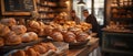 bakery item display, A captivating bakery item display featuring an array of artisan breads and pastries. The setting is a Royalty Free Stock Photo