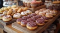 bakery item display, A delightful bakery item display featuring an eye-catching assortment of donuts and muffins. The cozy