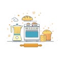 Bakery and kitchen illustration with oven, mixer, rolling pin, bread, and pastries Royalty Free Stock Photo