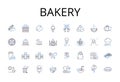 Bakery line icons collection. Pastry shop, Bread store, Cake house, Cookie corner, Sweet factory, Confectiry store