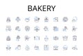 Bakery line icons collection. Pastry shop, Bread store, Cake house, Cookie corner, Sweet factory, Confectiry store