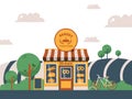 Bakery local shop, vector illustration. Facade of a small building in summer landscape, flat style countryside bakehouse