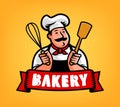 Bakery logo. Chef baker cartoon character. Emblem vector illustration