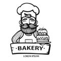 Bakery logo. Hand drawn vector illustration of chef-cooker with a mustache, beard and cake. chef cake logo