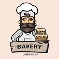 Bakery logo. Hand drawn vector illustration of chef-cooker with a mustache, beard and cake. chef cake logo