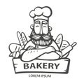 Bakery logo. Hand drawn vector illustration of chief-cooker with a mustache and beard in with a bread. chief logo.