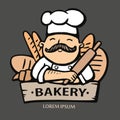 Bakery logo. Hand drawn vector illustration of chief-cooker with a mustache and with a bread. chief logo.