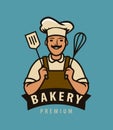 Bakery logo or label. Happy chef in hat vector illustration Royalty Free Stock Photo