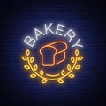 Bakery logo is a neon sign. Vector illustration on the topic of fresh pastries. Neon symbol, bright billboard, night