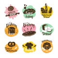 Bakery logotypes set. Colorful doodle bakery logos and labels collection of bread