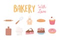 Bakery with love icons donut cake cupcake bread and utensils Royalty Free Stock Photo