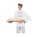 Bakery with Man Baker Character in Uniform Hold Tray with Buns Vector Illustration