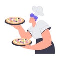Bakery with Man Baker Character in Uniform Hold Tray with Pizza Vector Illustration