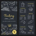 Bakery menu mockup. Hand drawn brochure of food with price. Cafe assortment, gluten free meal. Cupcake and pie, donut or