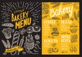 Bakery menu for restaurant. Design template with food hand-drawn graphic illustrations. Vector food flyer for bar and cafe on Royalty Free Stock Photo