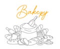 Bakery outline sketch. Bakery shop illustration. Hand drawn sketch with breads, pastry. Wheat bread, pretzel, ciabatta