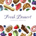 Bakery or pastry background, banner or frame with place for text and lettering. vector illustration of sweet desserts, pastries Royalty Free Stock Photo