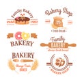 Bakery pastry cafe symbol, cake product label set for traditional shop, vector illustration. Classic cupcake, bread at