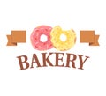 Bakery pastry cafe symbol, cake product label for traditional shop, vector illustration. Classic cupcake, bread at badge