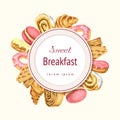 Bakery or pastry label, round composition, badge in gentle pastel colors with sweets. sweet breakfast illustration