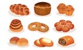 Bakery Pastry Products Collection, Bread, Bagel, Roll, Bun, Muffin, Cheesecake Vector Illustration