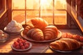 Bakery pastry products - croissant with fruit on wooden table near window. Food, breakfast, baking, desserts concept Royalty Free Stock Photo