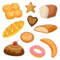 Bakery and pastry products icons set with various sorts of bread, sweet buns, croissant, bagel, donut, for bakery shop