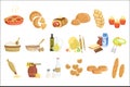 Bakery and pastry products icons set with various sorts of bread, sweet buns, cupcakes, dough and cakes for bakery shop