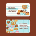 Bakery or pastry shop business card, vector illustration. Culinary course, baking class advertisement. Baked cakes