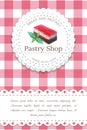 Bakery, pastry shop label, logo, flyer template with cake illustration and lettering. bakeshop background in retro vintage style. Royalty Free Stock Photo