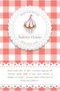 Bakery, pastry shop label, logo, flyer template with cupcake illustration, lettering. bakeshop background in retro Royalty Free Stock Photo