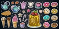 Bakery pastry sweets desserts objects collection shop cafe poster restaurant menu food.