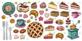 Bakery pastry sweets desserts objects collection shop cafe poster restaurant menu food.