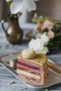 Bakery with piece of unusual yellow mousse cake with almond dacquoise, raspberry confit, crispy layer with caramelized