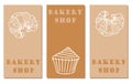 bakery poster set - contour cupcake, croissant and lettering in beige shades, minimalism design