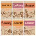 Bakery posters. Fresh bread, sketch wheat ear and tastiness natural ingredients hand drawn banner vector illustration set