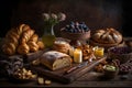 Bakery product assortment with bread loaves, buns, rolls and Danish pastries. Neural network AI generated