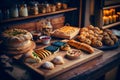 Bakery product assortment with bread loaves, buns, rolls and Danish pastries. Neural network AI generated