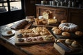 Bakery product assortment with bread loaves, buns, rolls and Danish pastries. Neural network AI generated