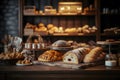 Bakery product assortment with bread loaves, buns, rolls and Danish pastries. Neural network AI generated